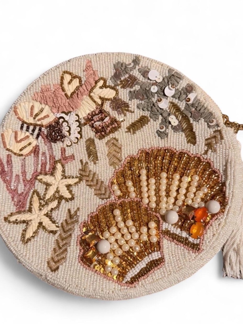 Anthropologie Beaded Seashell Crossbody Bag in White, Gold, Pink